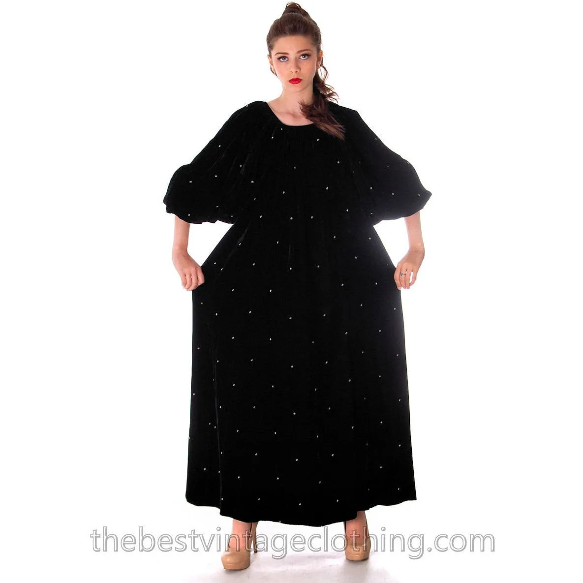Stunning 1970s Vuokko Suomi Finland Black  Velvet Gown Diamond Pattern 1930s Style S-L