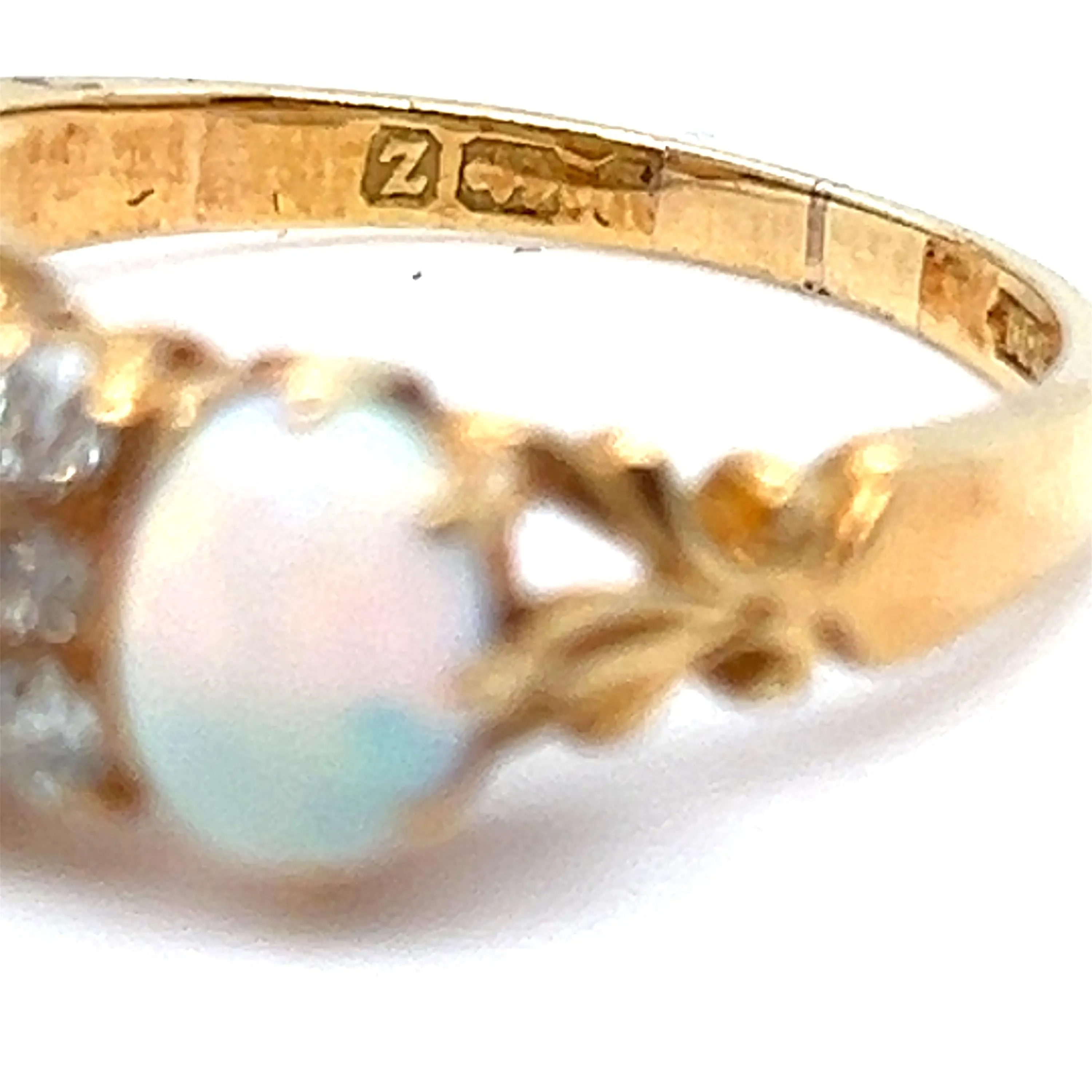 Stunning Antique Victorian 18K Yellow Gold Opal and Diamond Wedding Band Ring.
