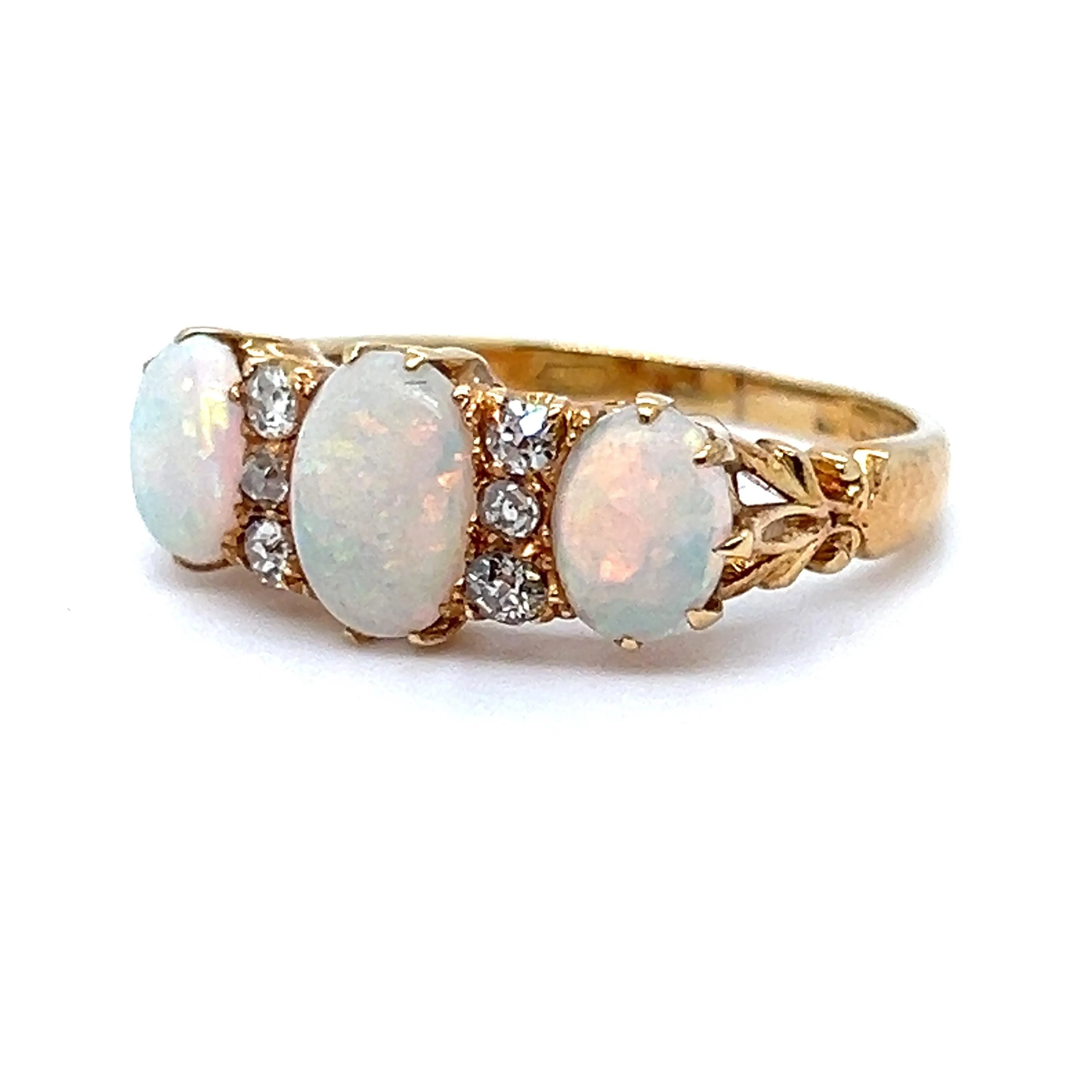Stunning Antique Victorian 18K Yellow Gold Opal and Diamond Wedding Band Ring.