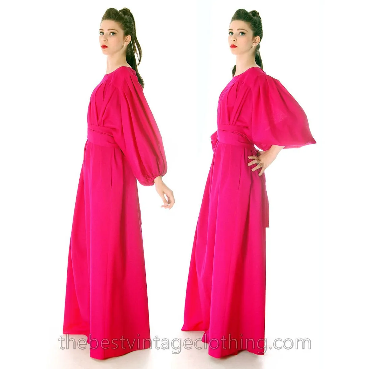 Stunning Vintage 1970s Vuokko Gown Fuchsia Pink Wool Voile Long Voluminous M