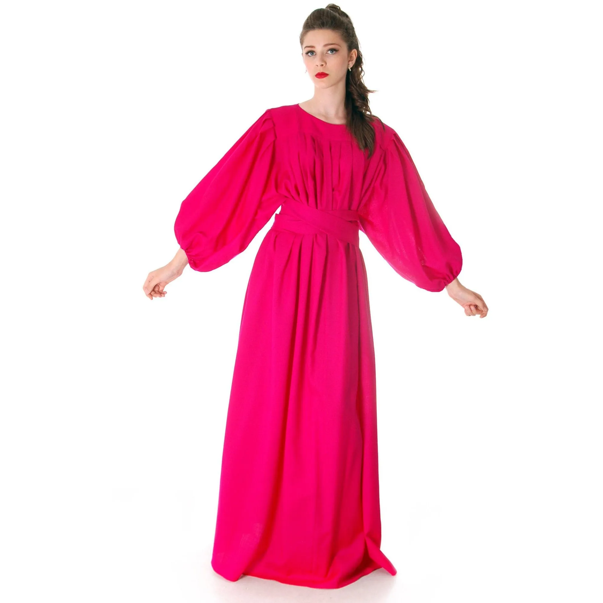 Stunning Vintage 1970s Vuokko Gown Fuchsia Pink Wool Voile Long Voluminous M