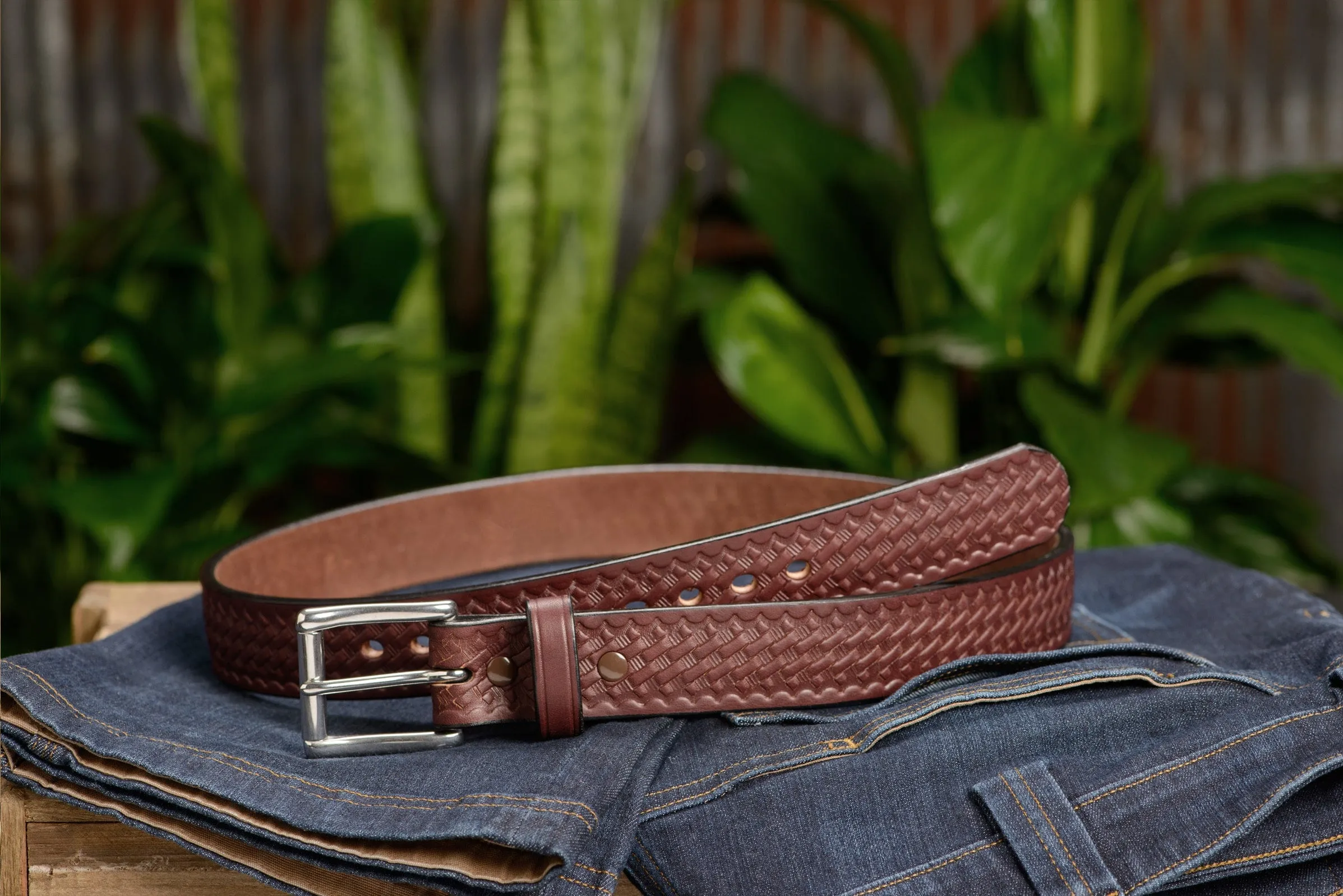 The Eastwood: Men's Brown Basket Weave Leather Belt Max Thick 1.50"