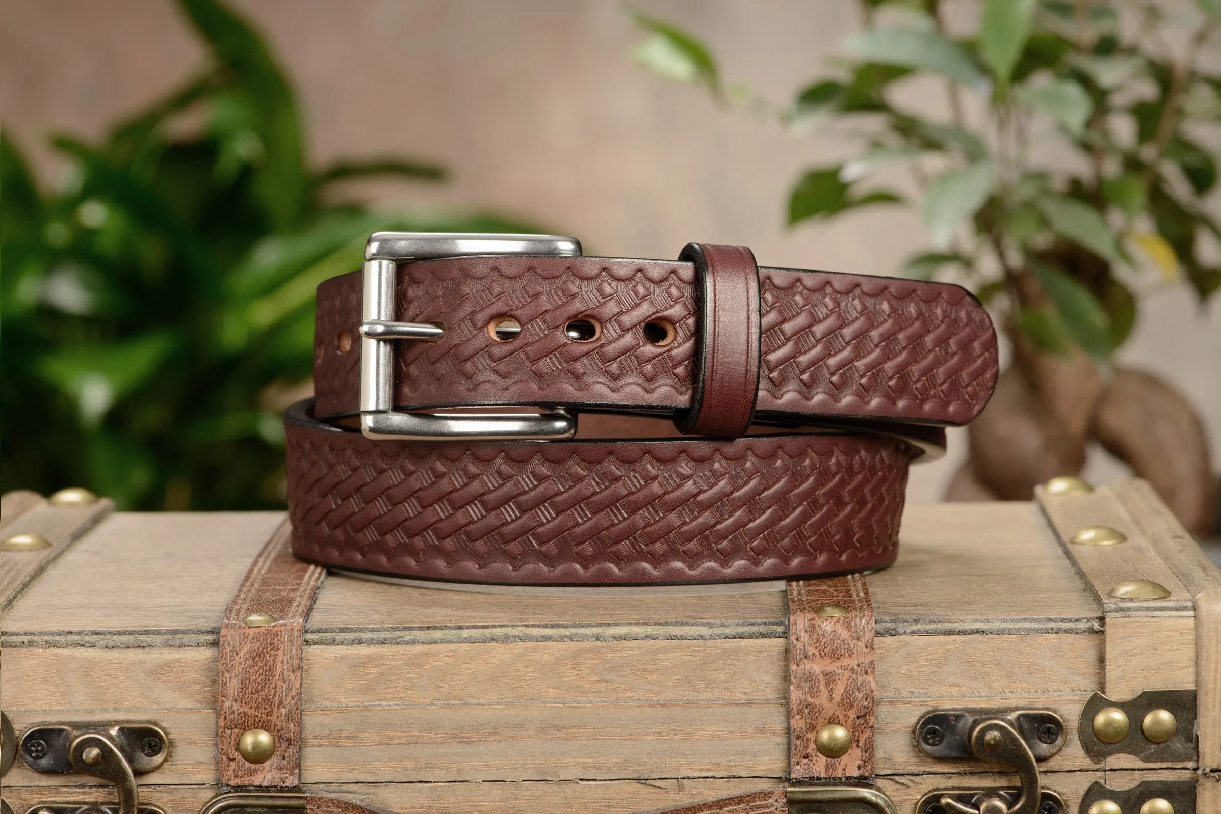 The Eastwood: Men's Brown Basket Weave Leather Belt Max Thick 1.50"