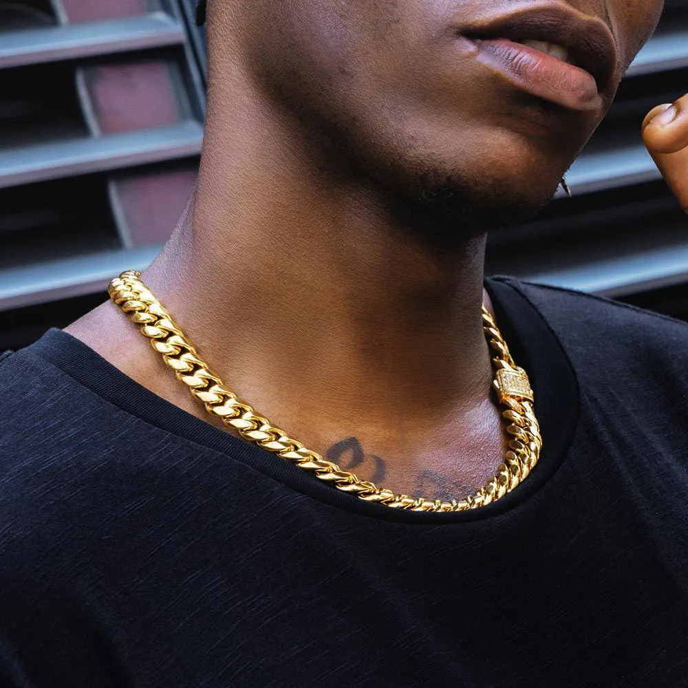 The Golden Nugget® - 12mm Iced Miami Cuban Link Chain 18K Gold Plated with CZ Clasp