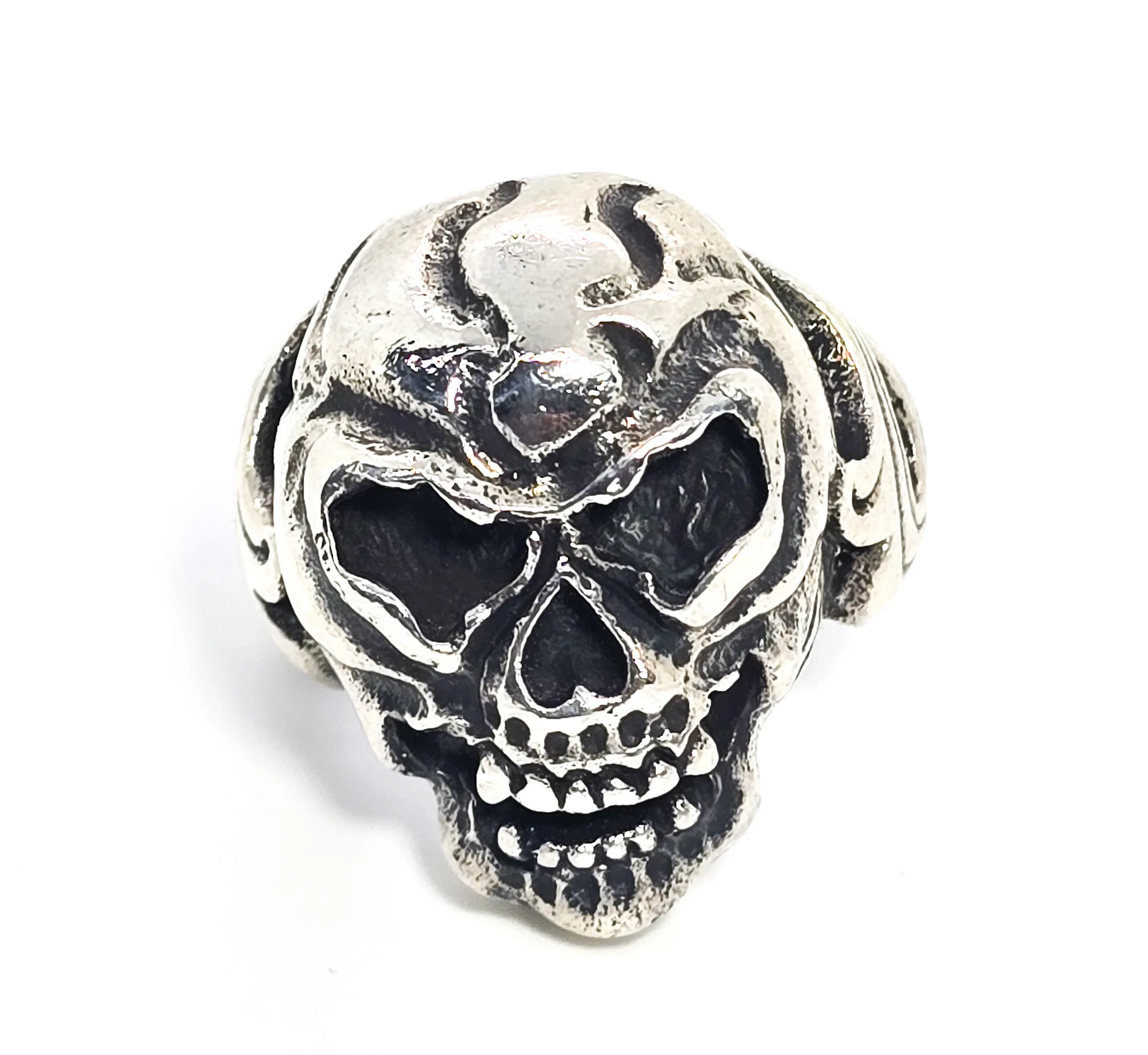 Thick Skull retro biker solid sterling silver tribal fire memento mori goth ring size 9
