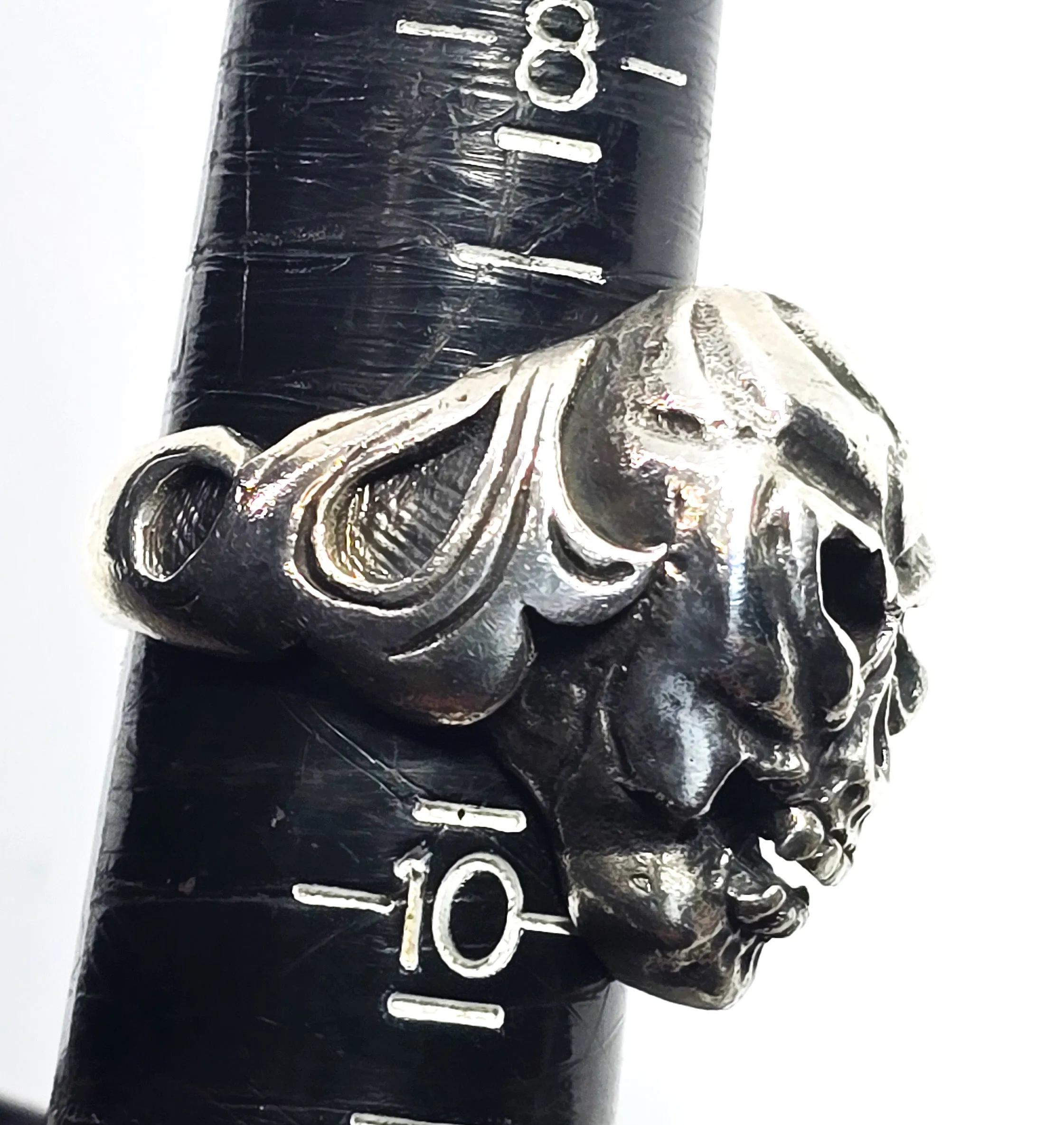 Thick Skull retro biker solid sterling silver tribal fire memento mori goth ring size 9