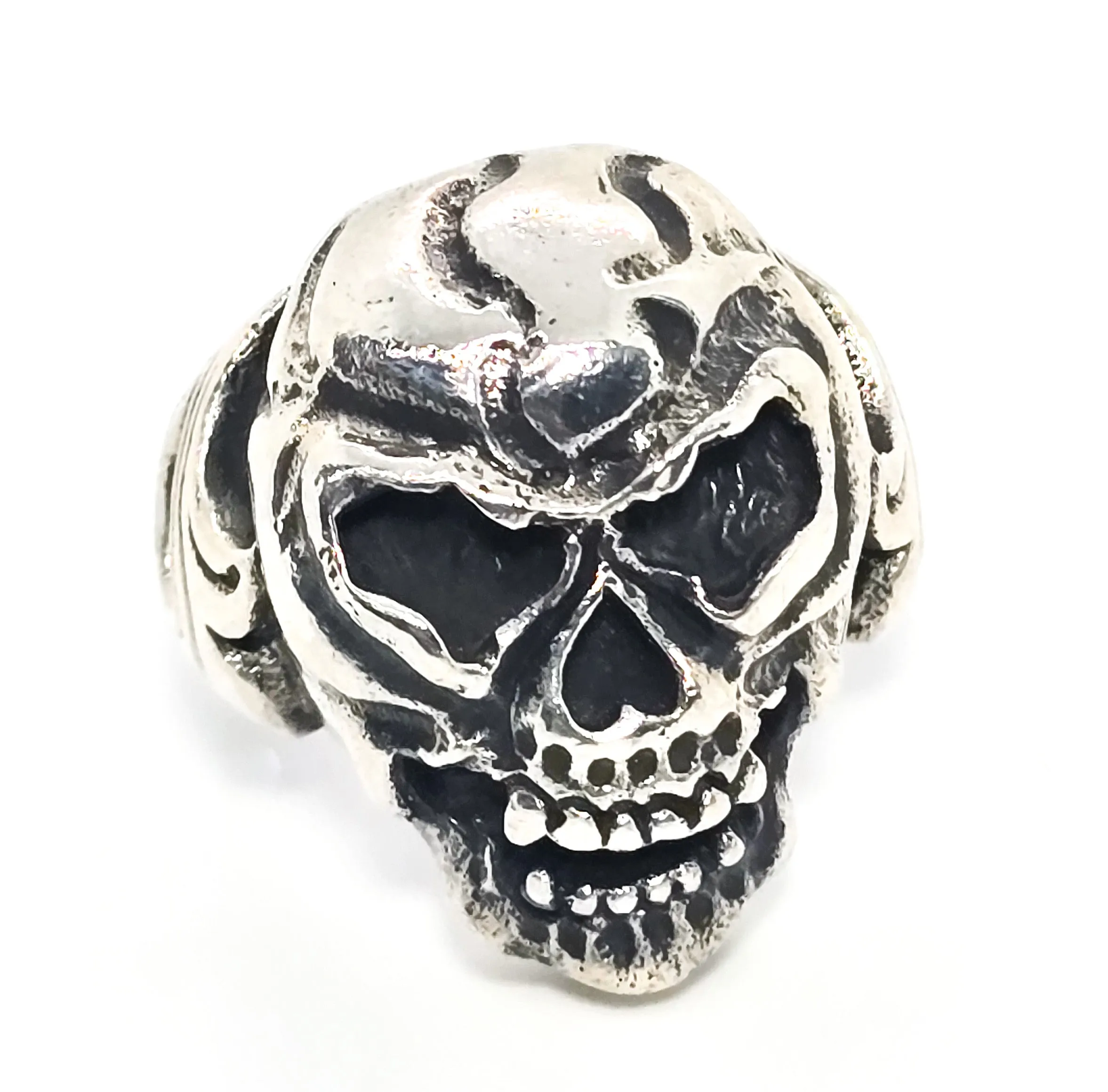 Thick Skull retro biker solid sterling silver tribal fire memento mori goth ring size 9