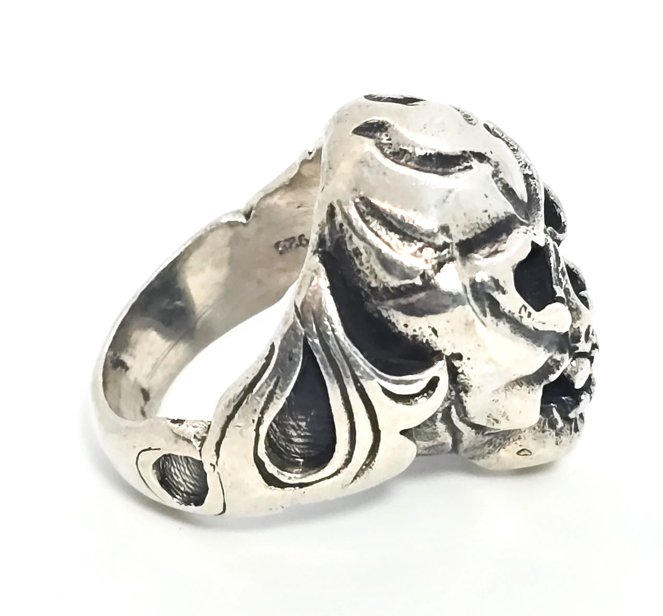 Thick Skull retro biker solid sterling silver tribal fire memento mori goth ring size 9