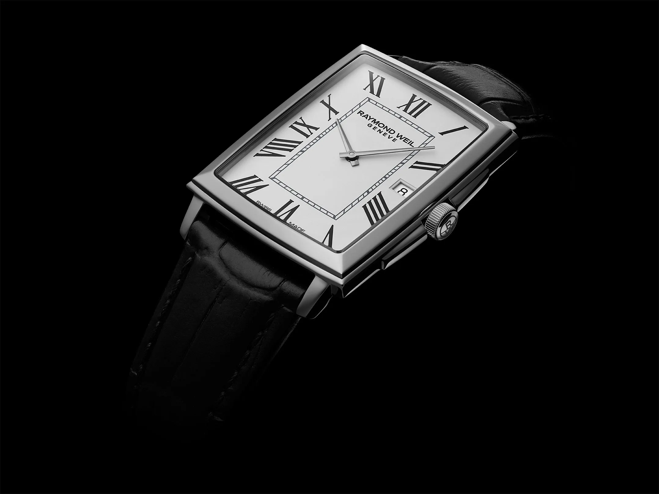 Toccata Men's Rectangular White Dial Black Leather Watch