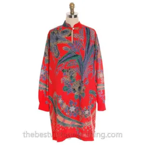 True Vintage Georgia Keyloun Tunic Red Blue Print M 1970s