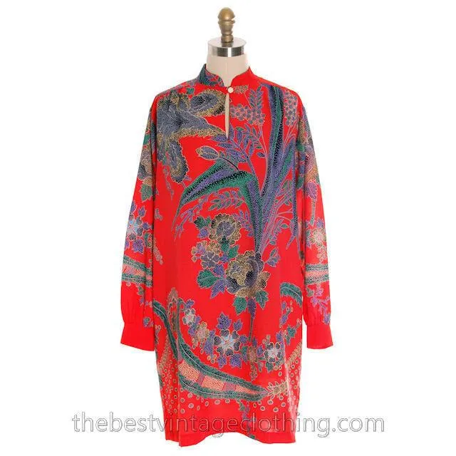 True Vintage Georgia Keyloun Tunic Red Blue Print M 1970s