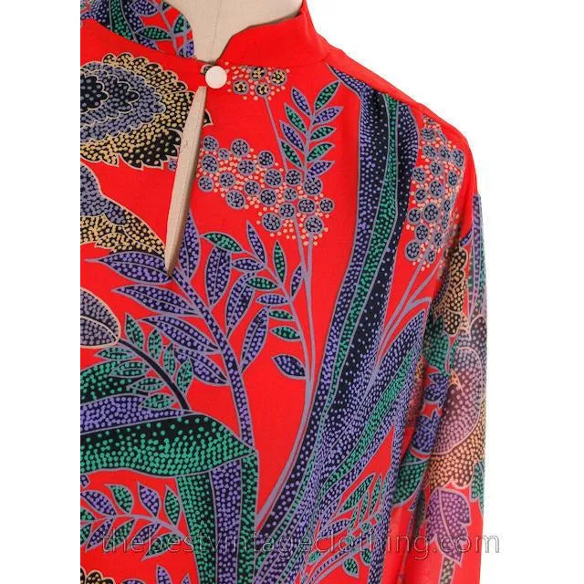 True Vintage Georgia Keyloun Tunic Red Blue Print M 1970s