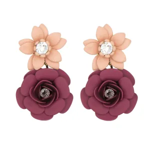 Tuscany Grape Purple Camellia Double Pendant Earrings - Silk Effect