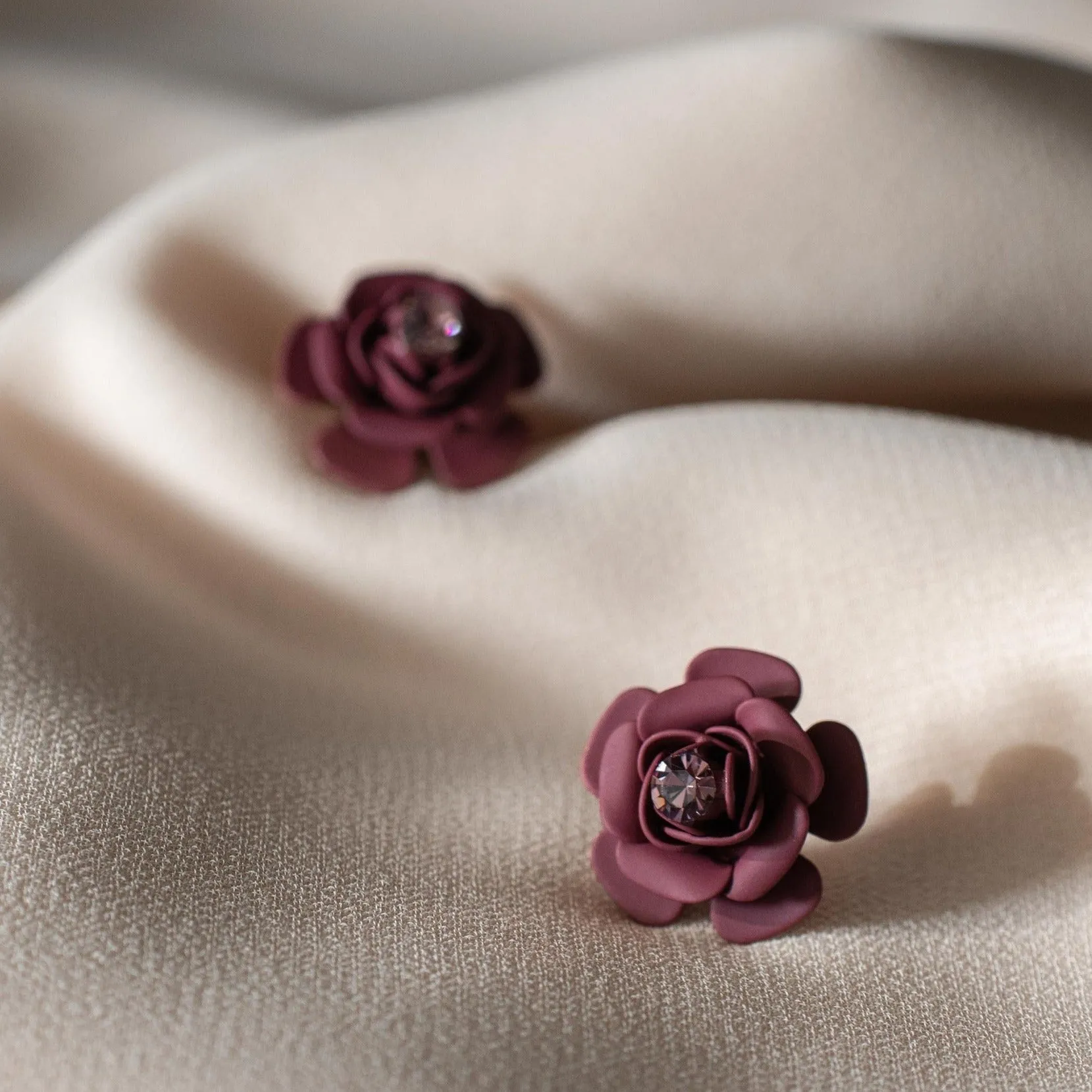 Tuscany Grape Purple Camellia Stud Earrings with crystal - Silk Effect