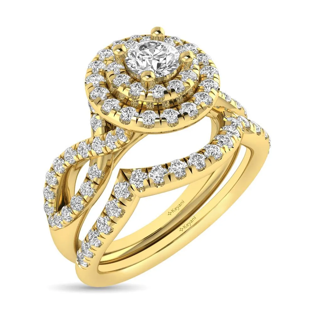 Twist Shank Double Halo Bridal Ring in 14KT Gold - Available in Multiple Cuts