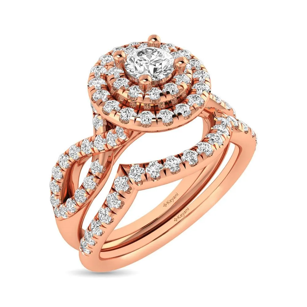 Twist Shank Double Halo Bridal Ring in 14KT Gold - Available in Multiple Cuts