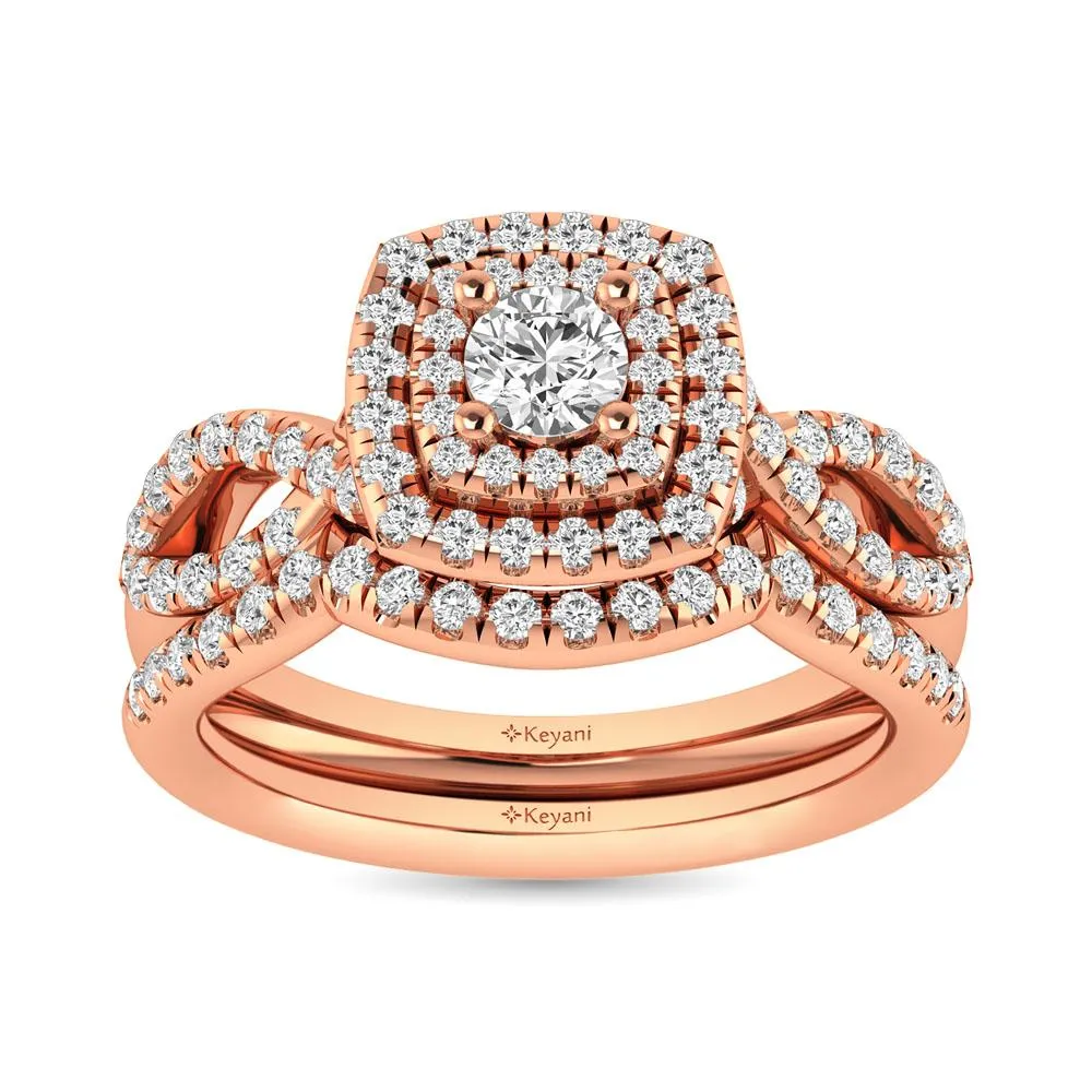 Twist Shank Double Halo Bridal Ring in 14KT Gold - Available in Multiple Cuts