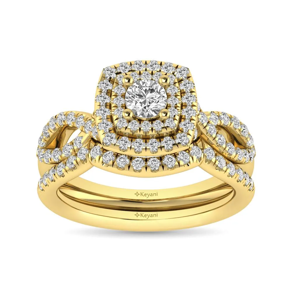 Twist Shank Double Halo Bridal Ring in 14KT Gold - Available in Multiple Cuts