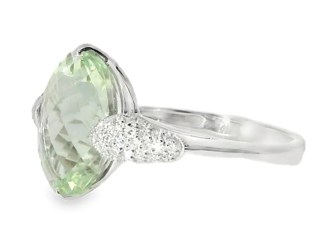 Unique Estate 14K White Gold Green Amethyst Pave Diamond Ring