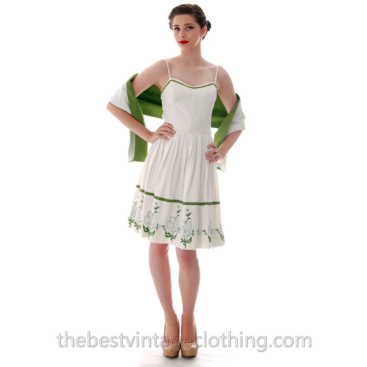 Vicky Vaughn Vintage Sundress Matching Wrap Embroidered Hem 33-24-Free 1950s S