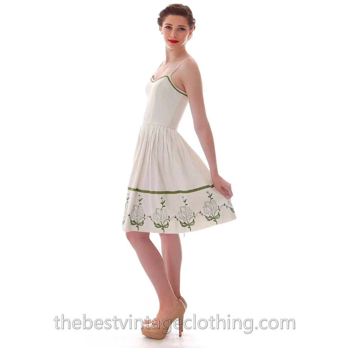 Vicky Vaughn Vintage Sundress Matching Wrap Embroidered Hem 33-24-Free 1950s S