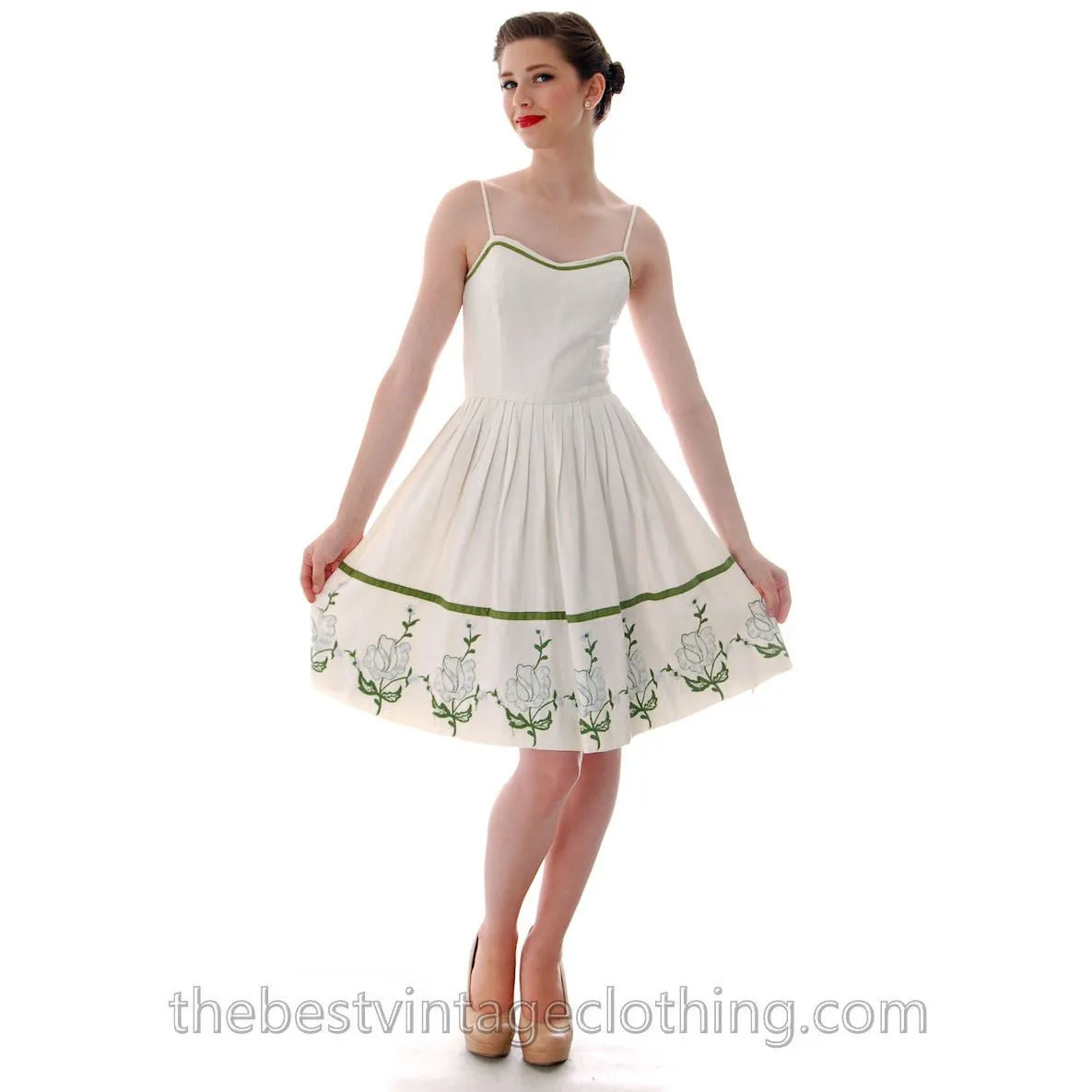 Vicky Vaughn Vintage Sundress Matching Wrap Embroidered Hem 33-24-Free 1950s S