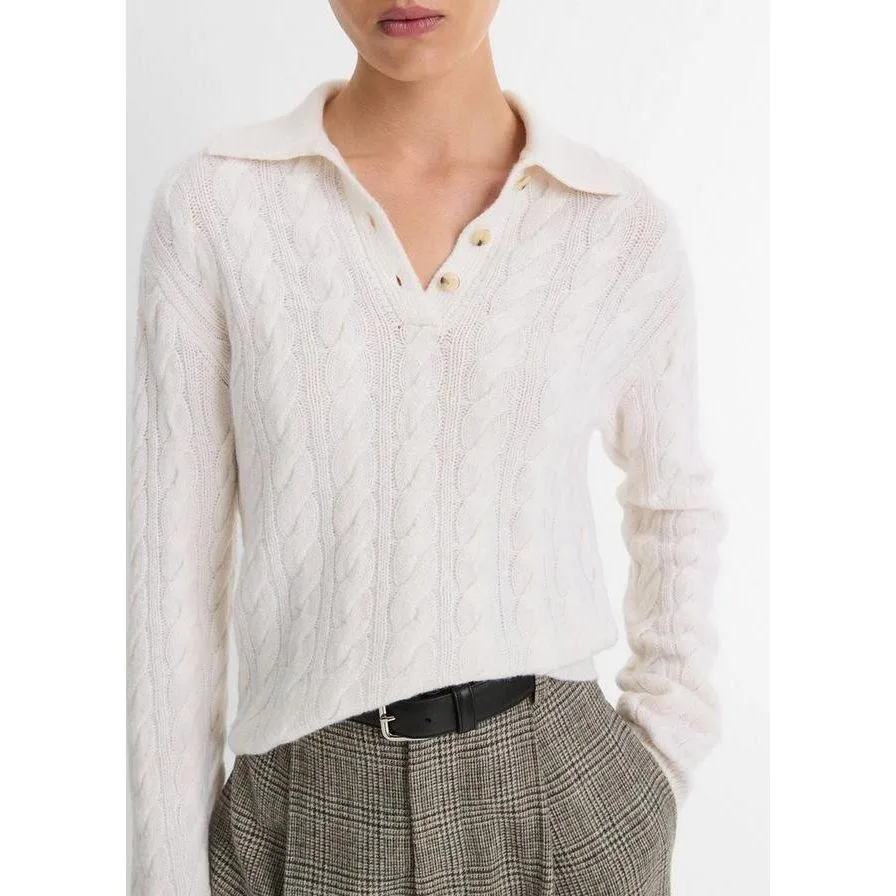 Vince Cable-Knit Wool-Blend Polo Sweater in Off White