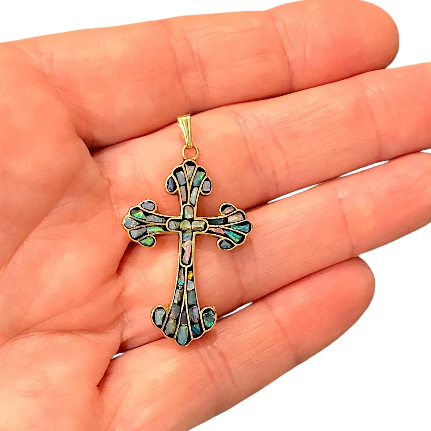 Vintage 14K Gold Inlay Opal Cross Pendant