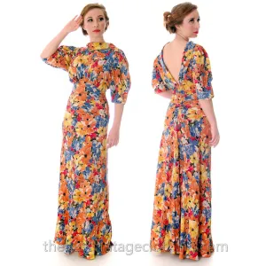 Vintage 1930s Bias Cut Floral Silk Gown Backless Maxi Dress 36-27-36