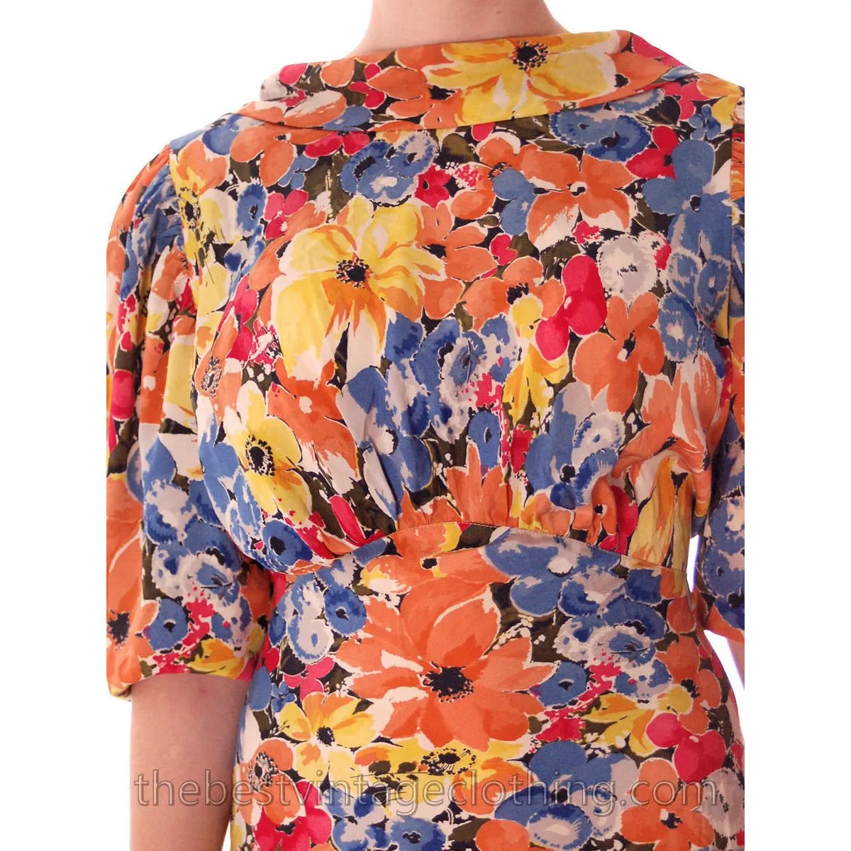 Vintage 1930s Bias Cut Floral Silk Gown Backless Maxi Dress 36-27-36