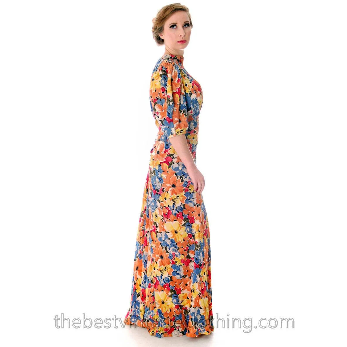 Vintage 1930s Bias Cut Floral Silk Gown Backless Maxi Dress 36-27-36