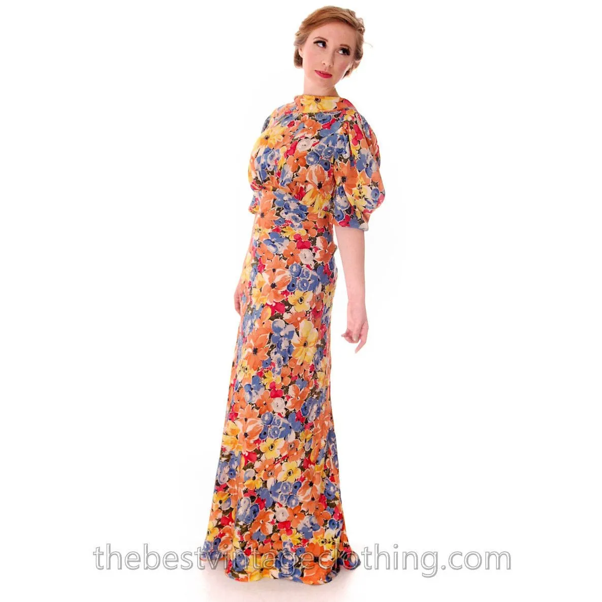 Vintage 1930s Bias Cut Floral Silk Gown Backless Maxi Dress 36-27-36