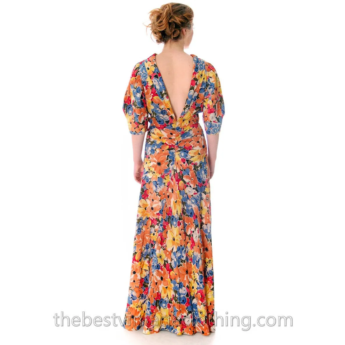 Vintage 1930s Bias Cut Floral Silk Gown Backless Maxi Dress 36-27-36