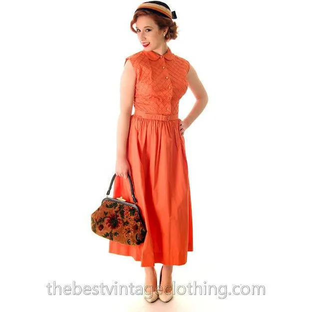 Vintage 1940s -1950s Day Dress Orange Cotton Nice Details 34-26-Free