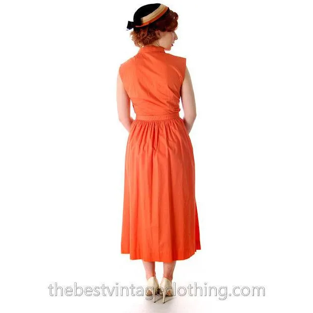 Vintage 1940s -1950s Day Dress Orange Cotton Nice Details 34-26-Free