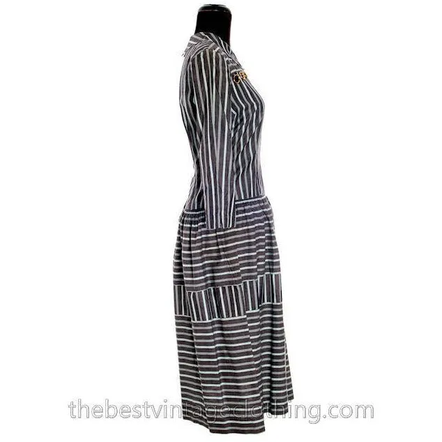Vintage 1940s Day Dress Cotton Gray Seafoam Green Stripes Bows Adorable Long Sleeves S- M