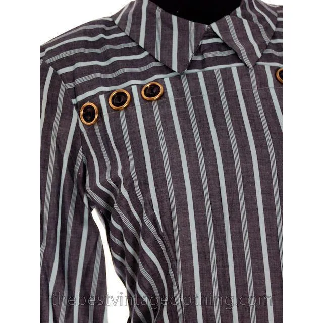 Vintage 1940s Day Dress Cotton Gray Seafoam Green Stripes Bows Adorable Long Sleeves S- M
