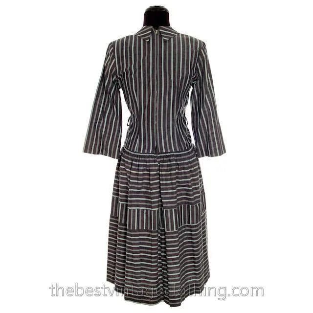 Vintage 1940s Day Dress Cotton Gray Seafoam Green Stripes Bows Adorable Long Sleeves S- M