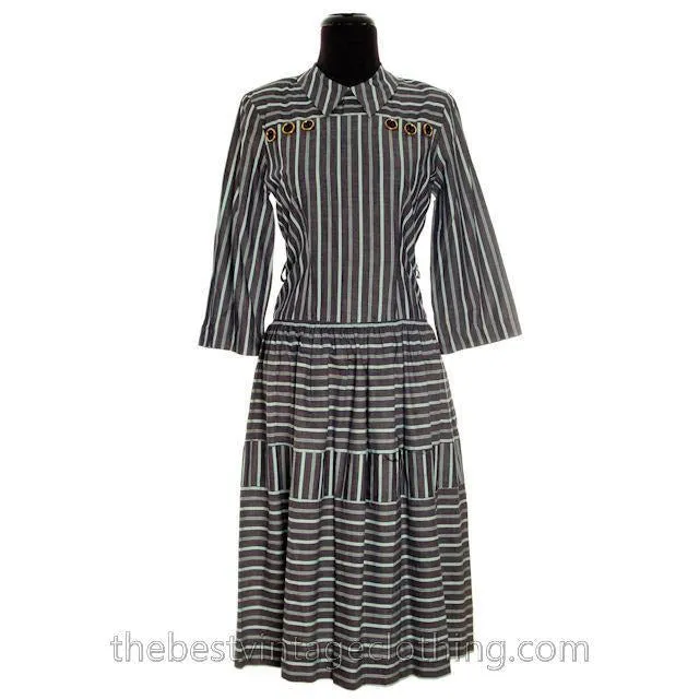 Vintage 1940s Day Dress Cotton Gray Seafoam Green Stripes Bows Adorable Long Sleeves S- M