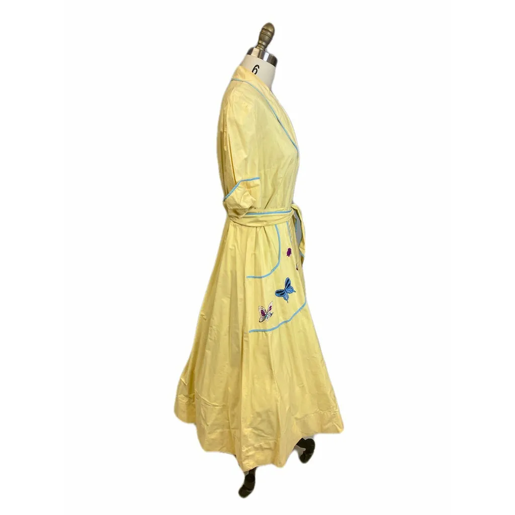 Vintage 1940s Yellow Cotton Wrap Robe Housecoat Blue Butterfly Applique M