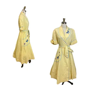 Vintage 1940s Yellow Cotton Wrap Robe Housecoat Blue Butterfly Applique M