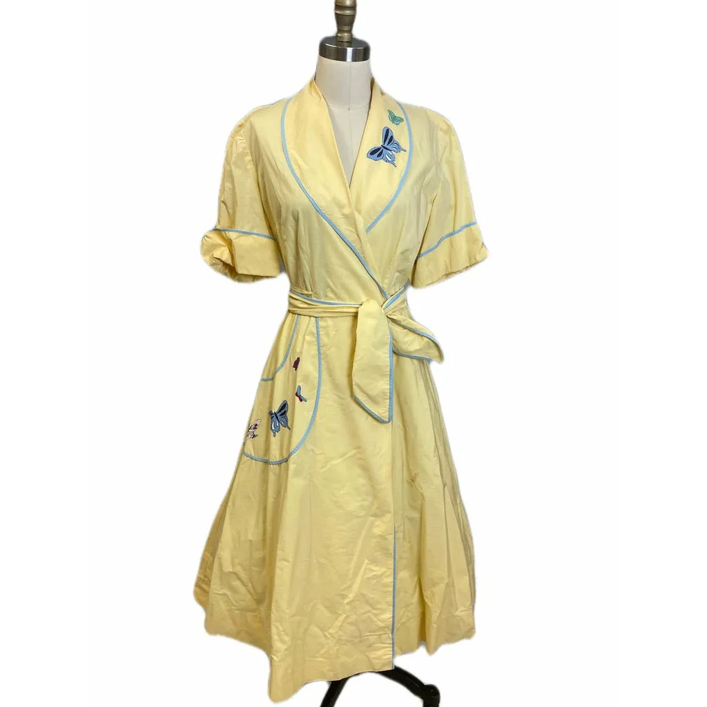 Vintage 1940s Yellow Cotton Wrap Robe Housecoat Blue Butterfly Applique M