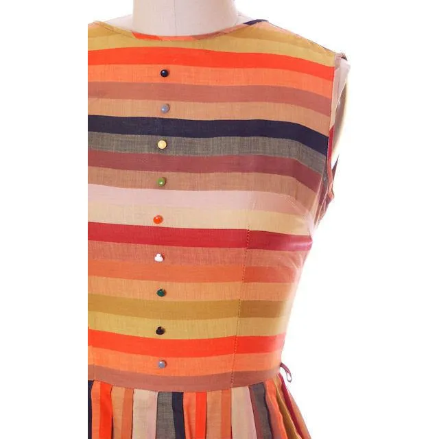 Vintage 1950s Cotton Day Dress Autumn Tone Stripes Jack Borgenicht 34-25-Free