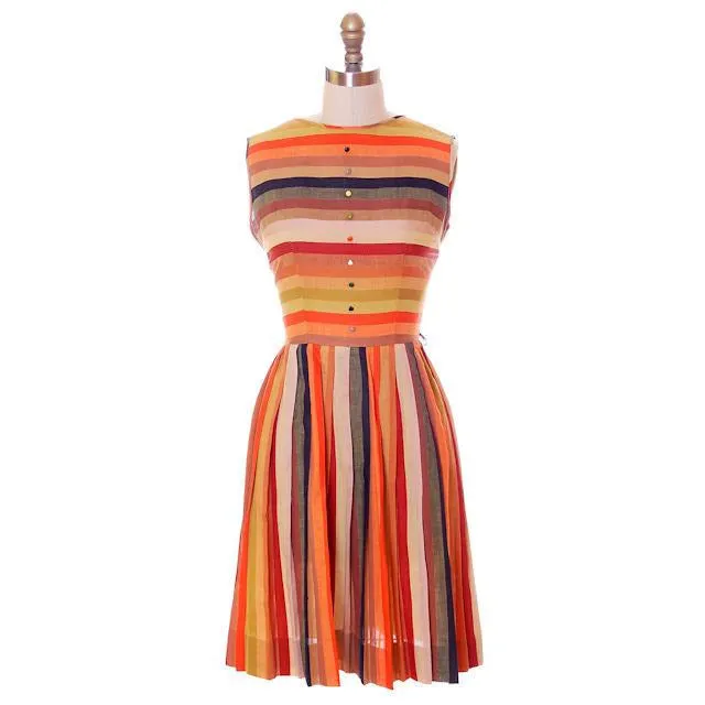 Vintage 1950s Cotton Day Dress Autumn Tone Stripes Jack Borgenicht 34-25-Free