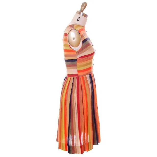 Vintage 1950s Cotton Day Dress Autumn Tone Stripes Jack Borgenicht 34-25-Free