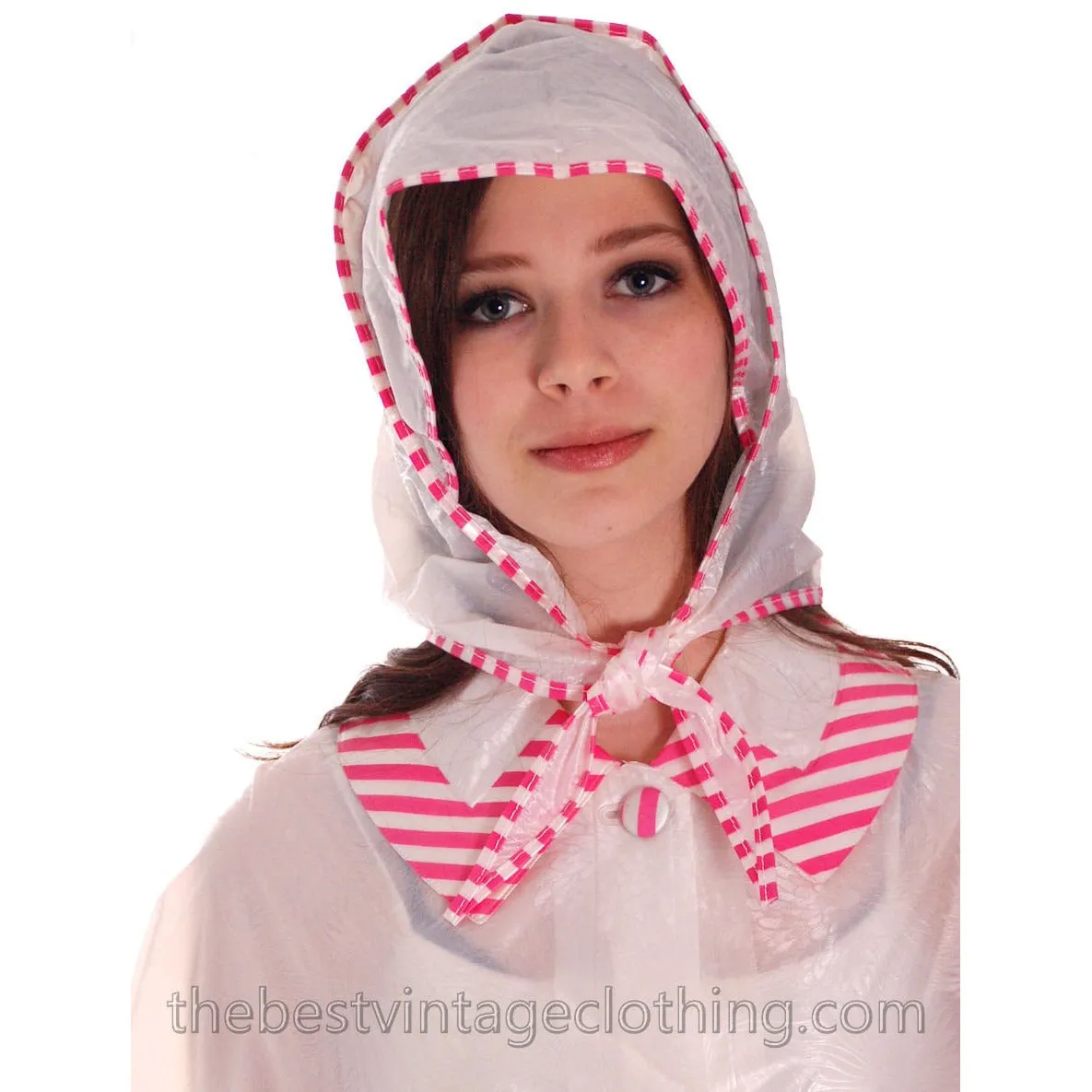 VIntage 1950s Vinyl Raincoat See-Through Sheer Pink Striped Accents w Matching Hat