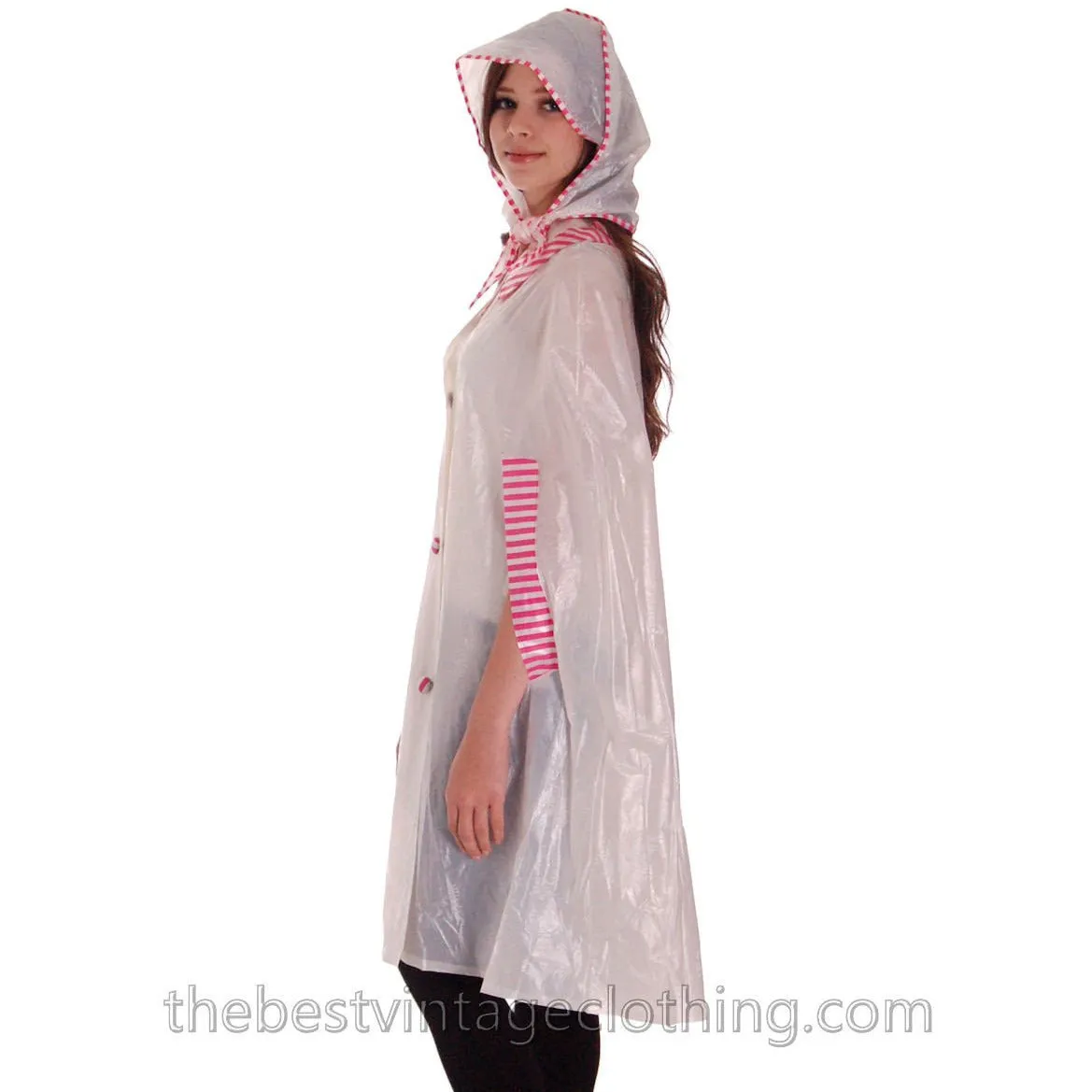 VIntage 1950s Vinyl Raincoat See-Through Sheer Pink Striped Accents w Matching Hat