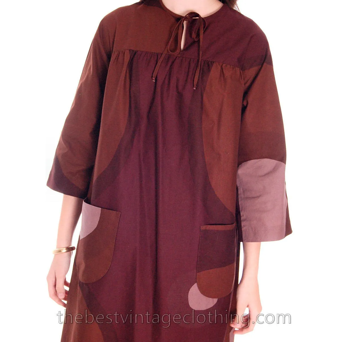 Vintage 1967 Marimekko Mod Tent Dress Circles Print Brown & Pink 36/ 6-8