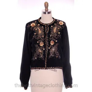 Vintage 1980s Wool Beaded Cardigan Sweater Black M Gold Beads