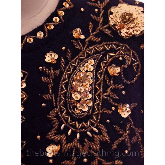 Vintage 1980s Wool Beaded Cardigan Sweater Black M Gold Beads